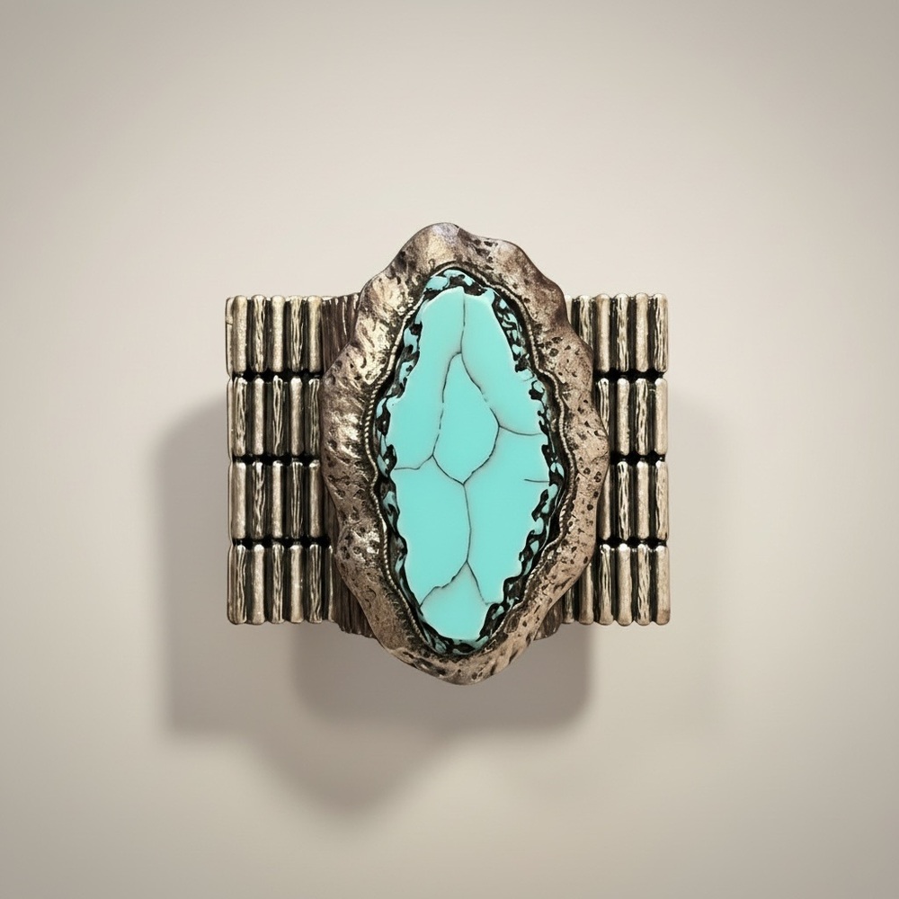 Handcrafted Vintage Turquoise Stone Medallion Silver Bracelet - Picture 4 of 10